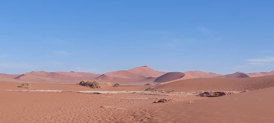 Sunrise panorama over the expansive Sossusvlei salt pan Namibia